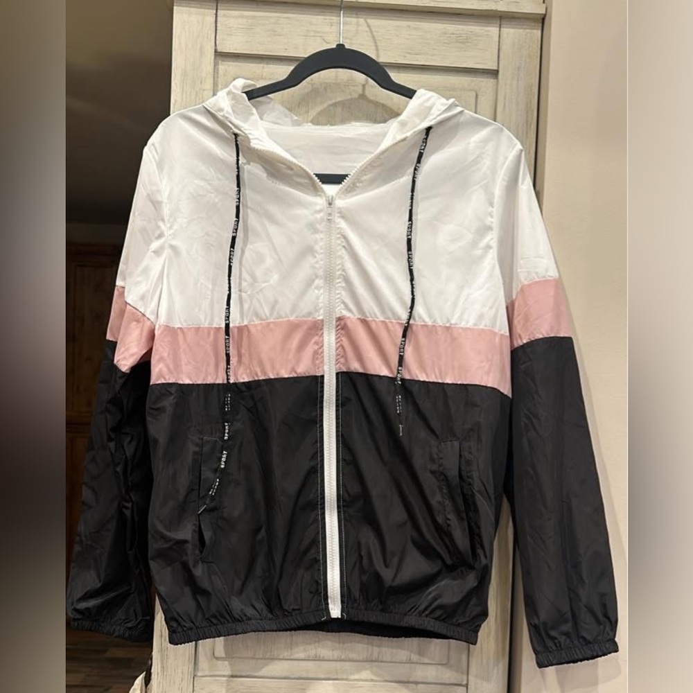 Women's Color Block Drawstring Hooded Jacket Windproof Windbreaker Size Medium